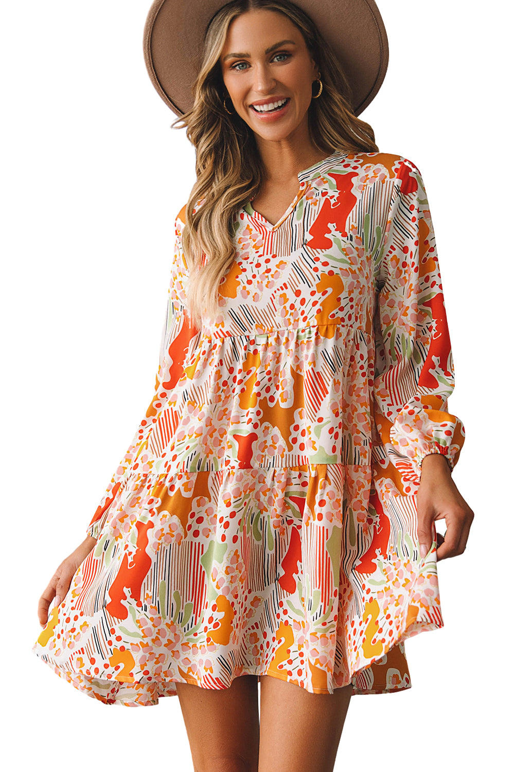 Printed Dress Multicolour Split Neck Puff Sleeve Flowy