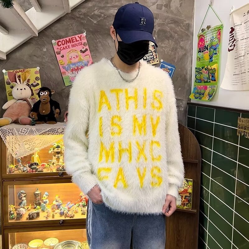 Heavyweight Letter Print Fluffy Loose Unisex Knit Sweater