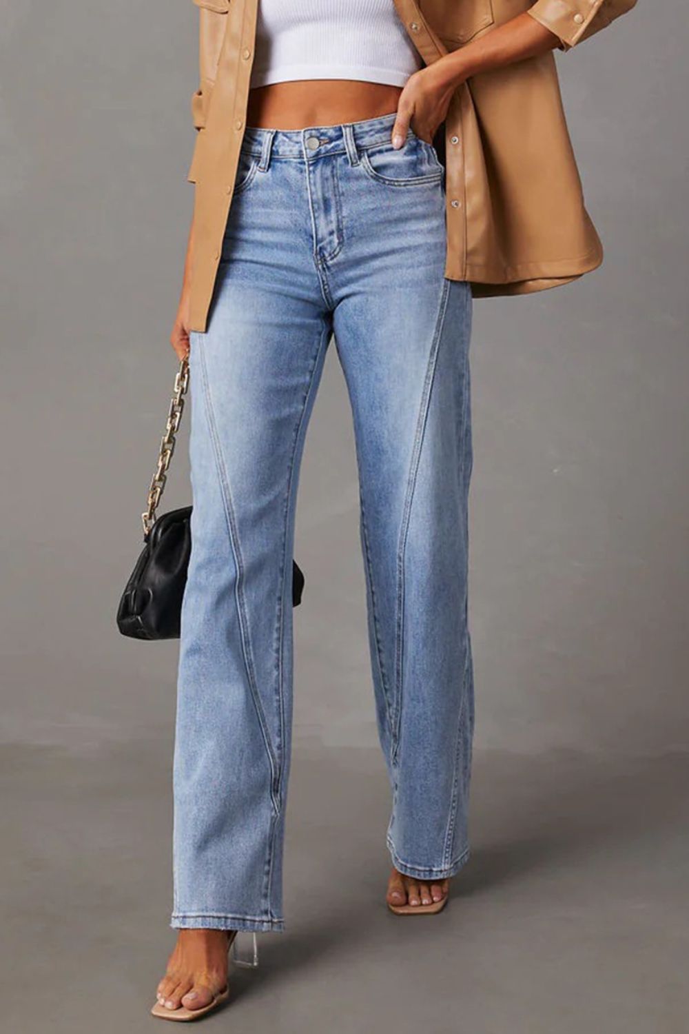 Denim High Waist Straight Jeans with Pockets