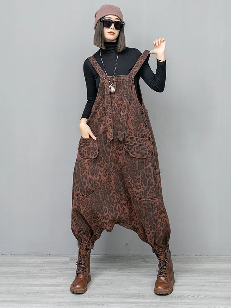 Leopard Denim Pant Sets Fashion Loose Sleeveless Women Personality Top Coat Jumpsuit Two Pieces Sets Spring New