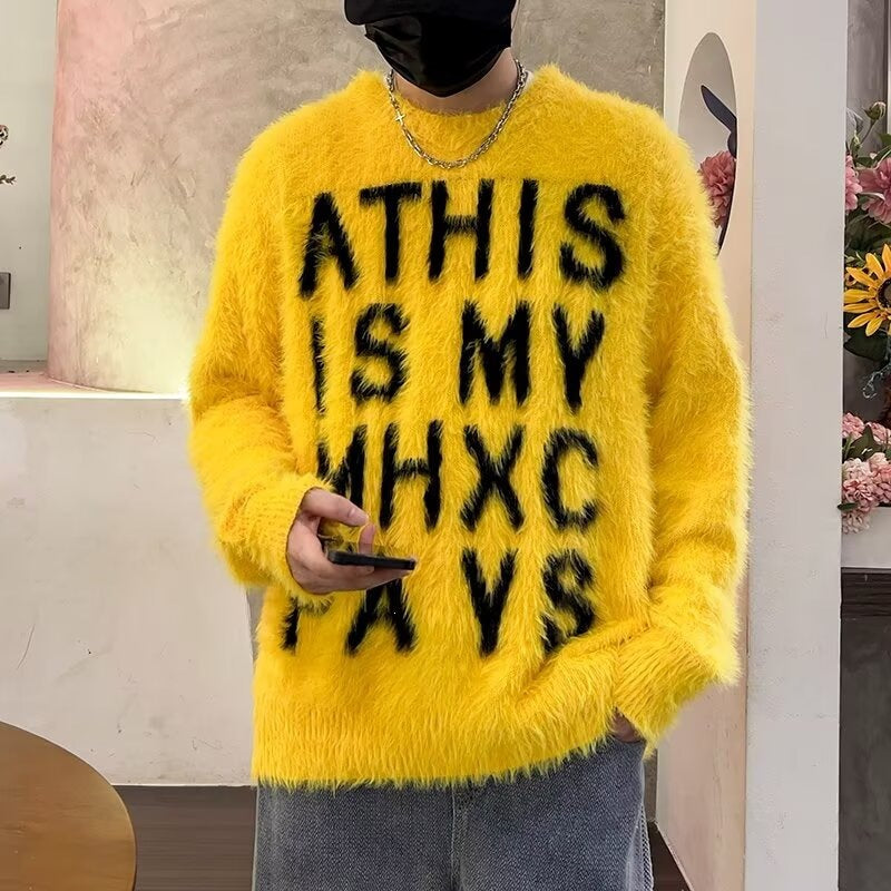 Heavyweight Letter Print Fluffy Loose Unisex Knit Sweater