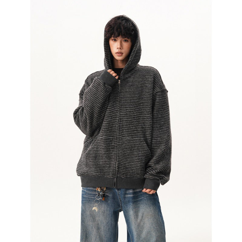 Men's  Retro Striped Zip-Up Hoodie - Loose Fit Casual Fall Winter Sweatshirt Jacket, Versatile Trendy Couple Outerwear