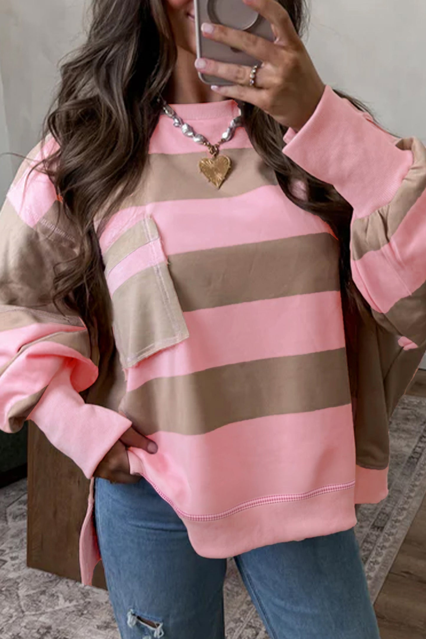 Sweatshirt Pink Stripe Striped Color block Patch Pocket Split Hem Oversized Long Sleeve