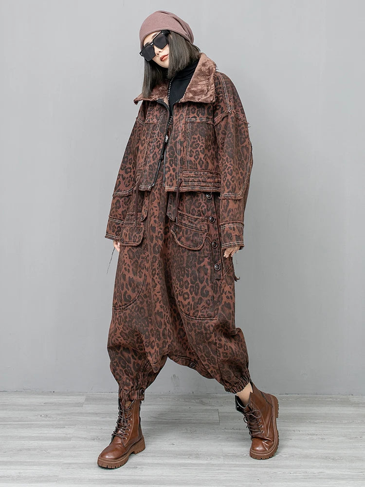 Leopard Denim Pant Sets Fashion Loose Sleeveless Women Personality Top Coat Jumpsuit Two Pieces Sets Spring New