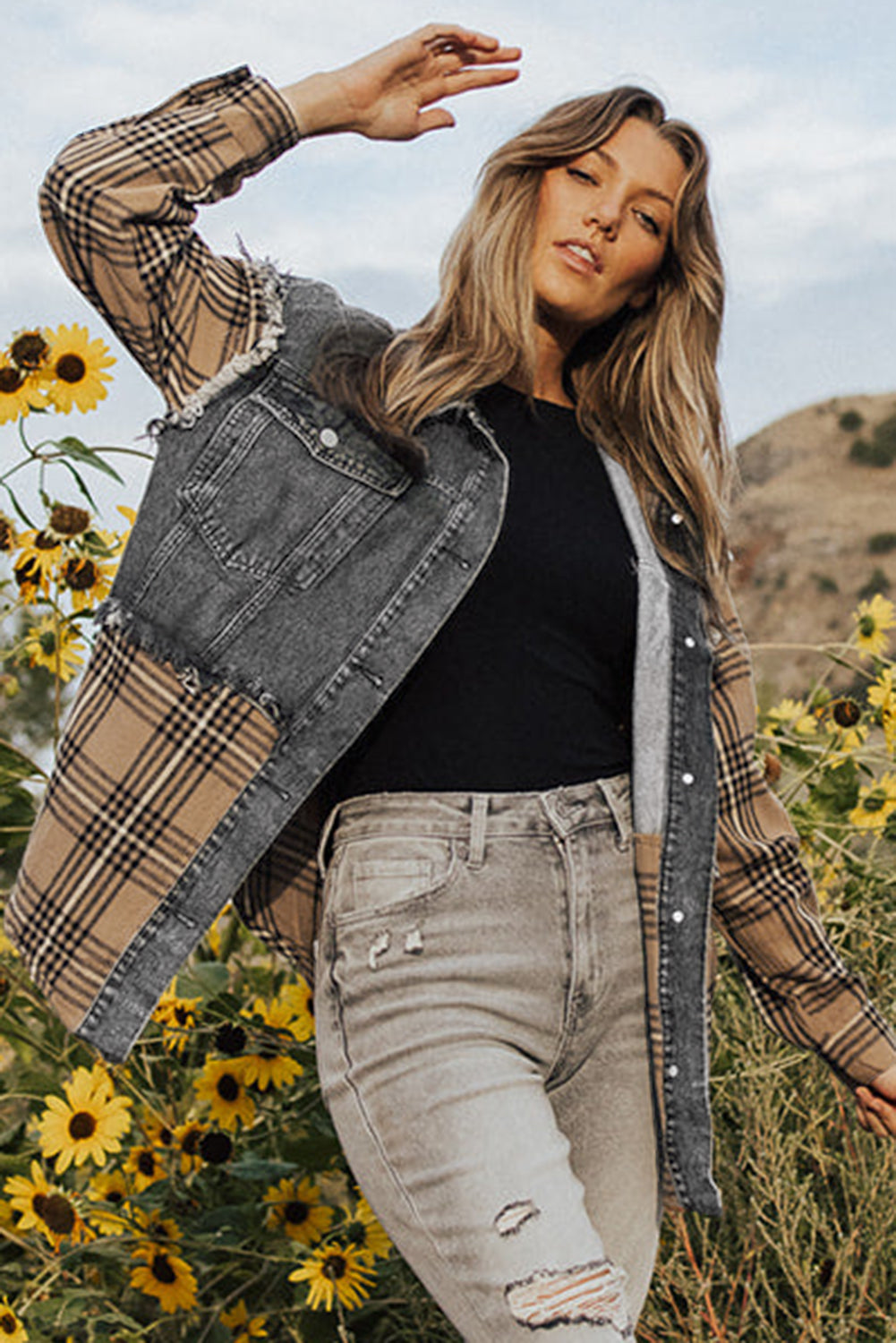 Jacket Shacket Grey Plaid Patch Flap Pocket Denim