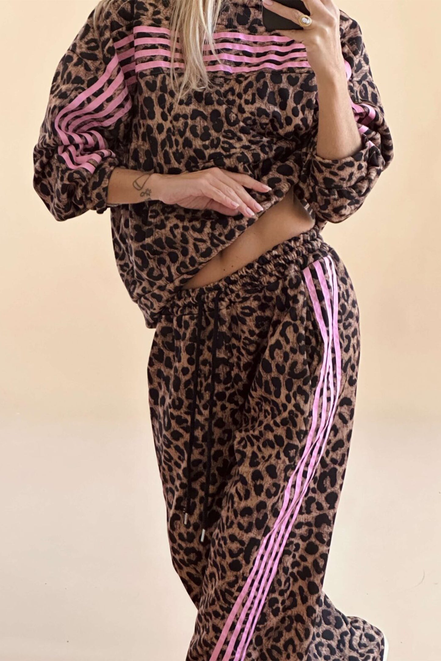 Leopard Brown Print Contrast Striped Detail Long Sleeve Top Pant Set