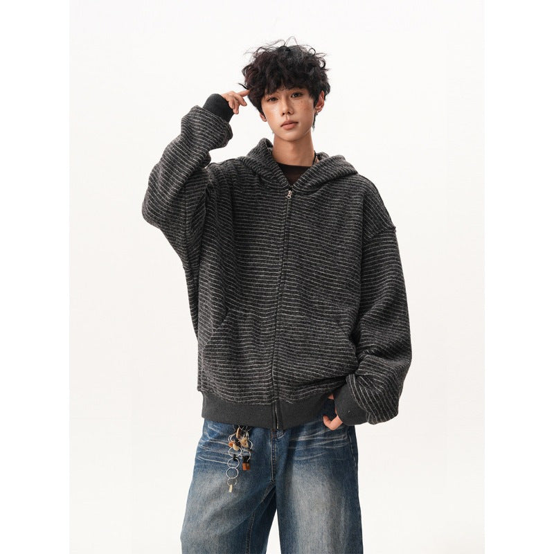 Men's  Retro Striped Zip-Up Hoodie - Loose Fit Casual Fall Winter Sweatshirt Jacket, Versatile Trendy Couple Outerwear