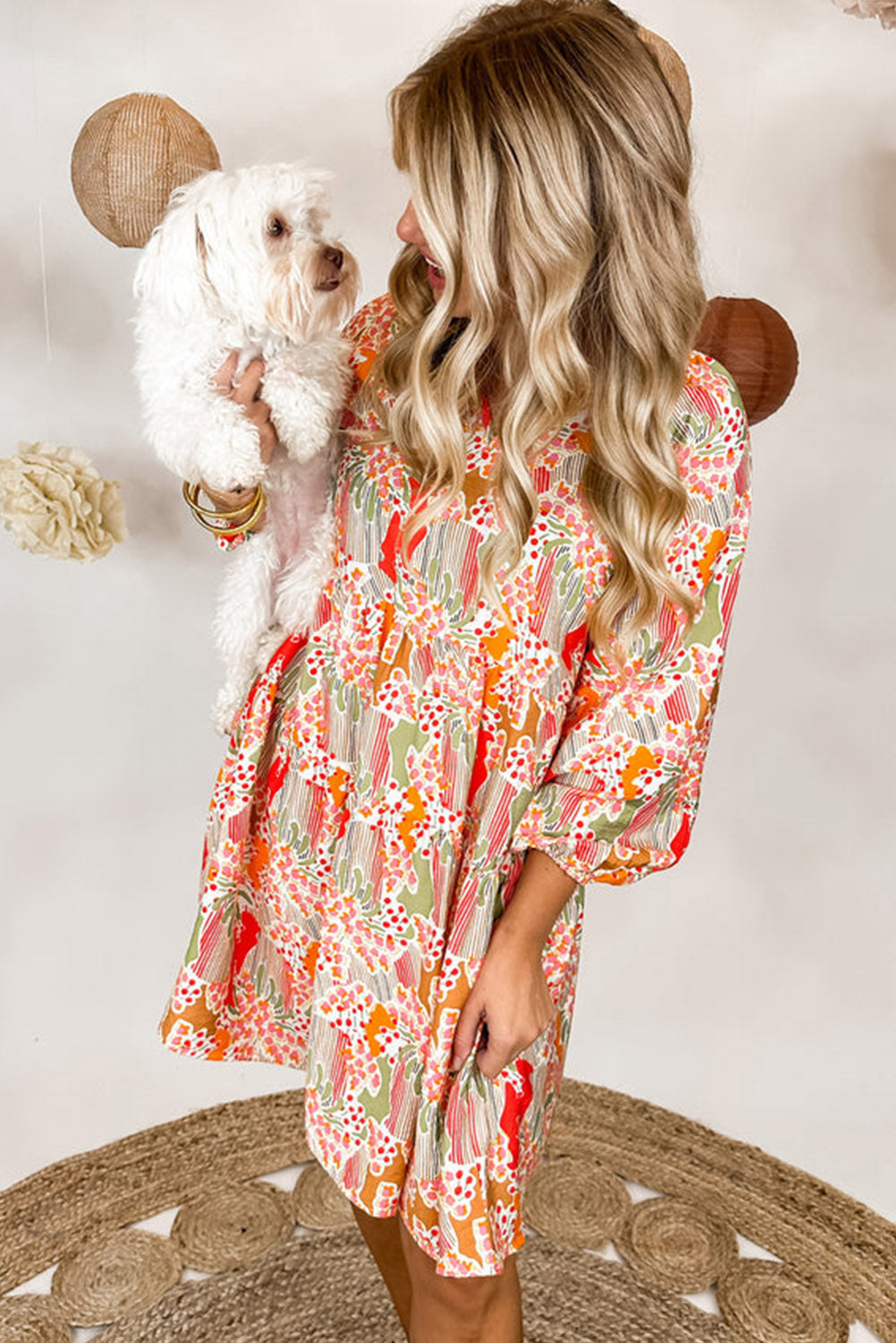 Printed Dress Multicolour Split Neck Puff Sleeve Flowy