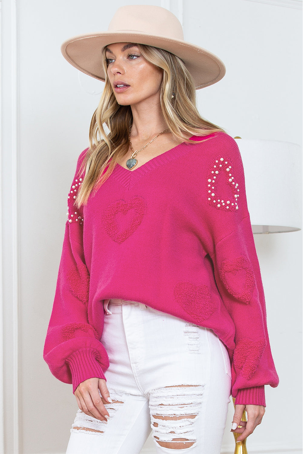 Sweater Rose Red Pearl Embellished Fuzzy Hearts V Neck