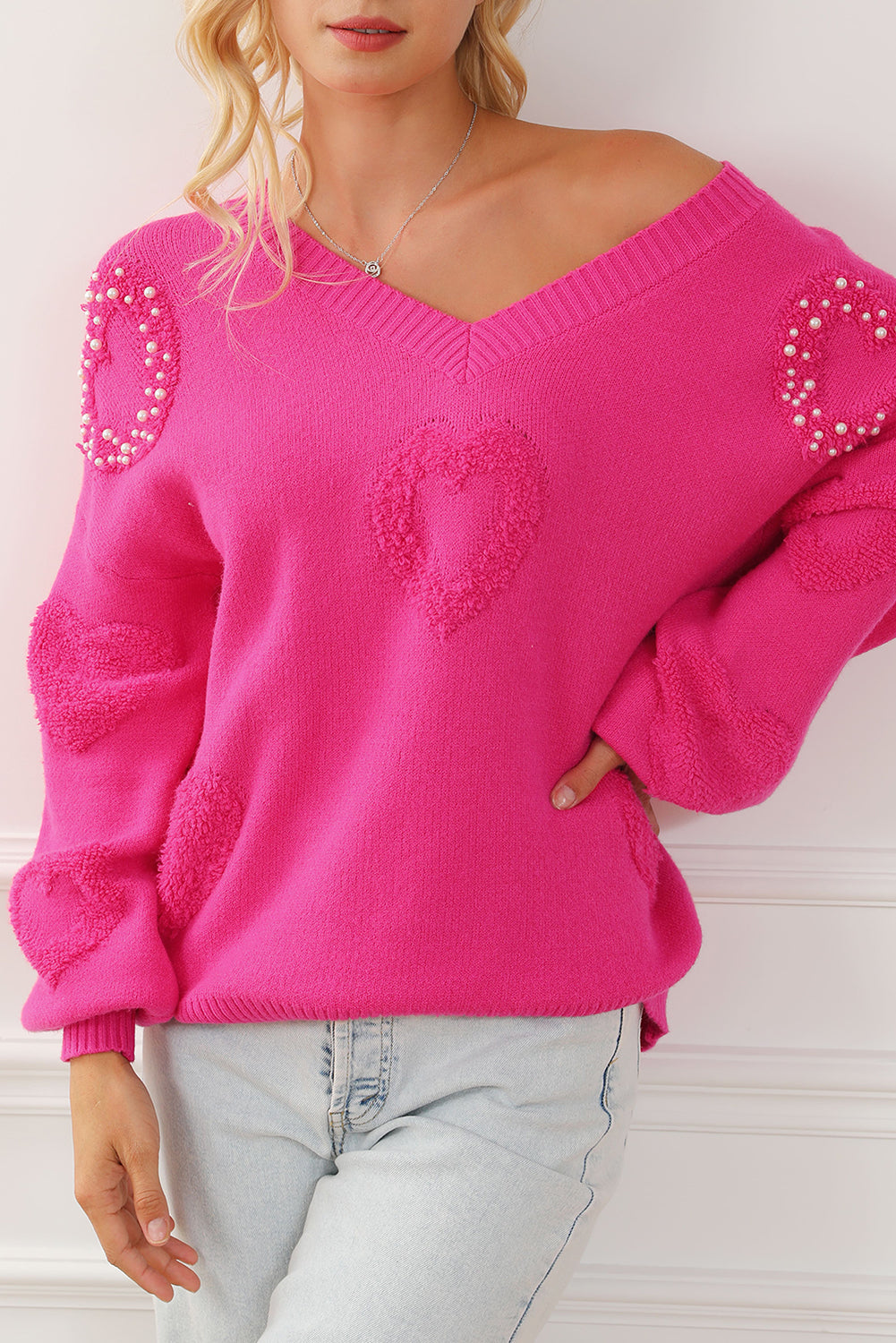 Sweater Rose Red Pearl Embellished Fuzzy Hearts V Neck