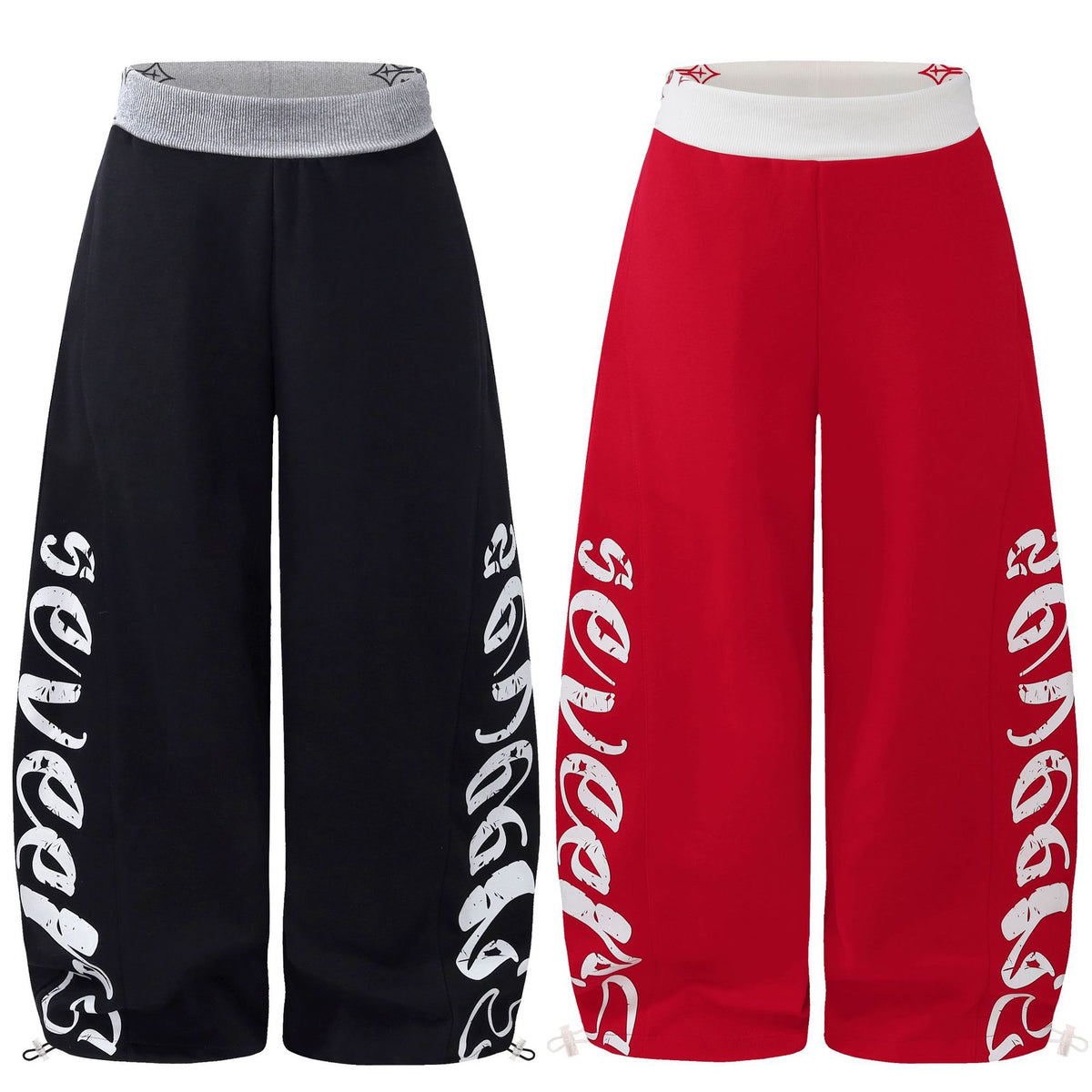 Color-Block Waistband Letter Print Wide-Leg Sweatpants
