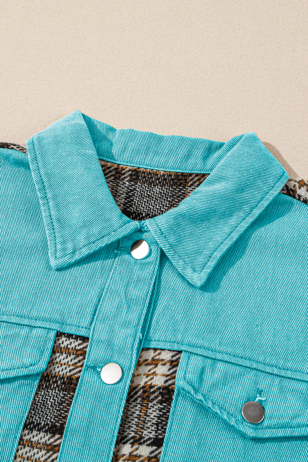 Denim Jacket Sky Blue Plaid Patchwork Pockets