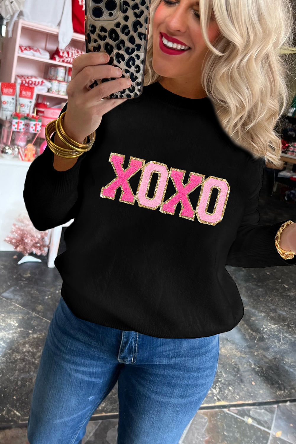 Sweater Black XOXO Glitter Print Round Neck