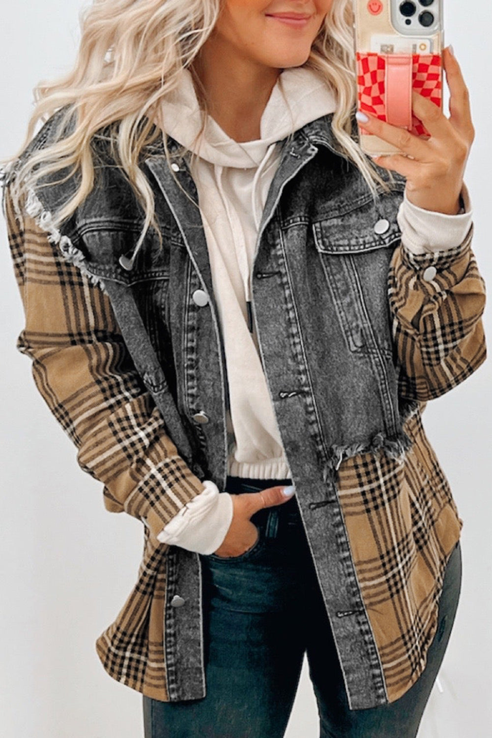 Jacket Shacket Grey Plaid Patch Flap Pocket Denim
