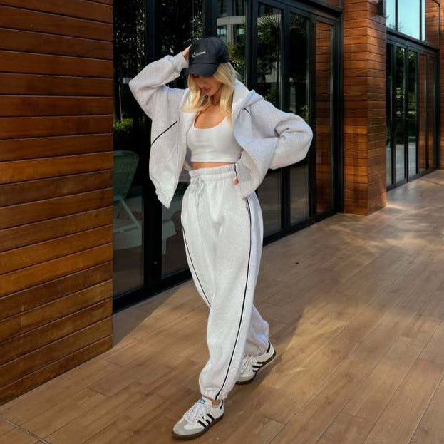 Casual Fashion Sporty Striped Hoodie Set with Matching Pants for Women