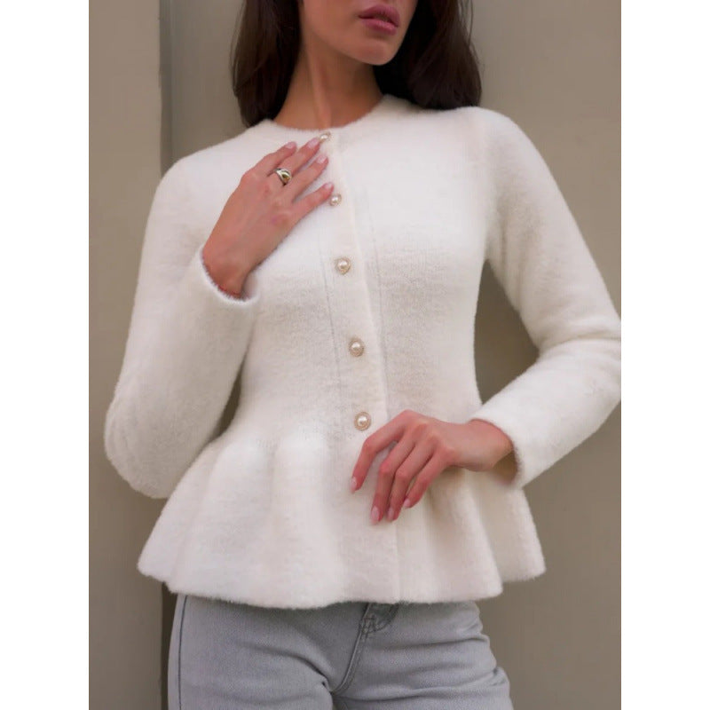 Elegant White Tweed Knit Cardigan for Women, Slim Fit, Versatile and Unique Top