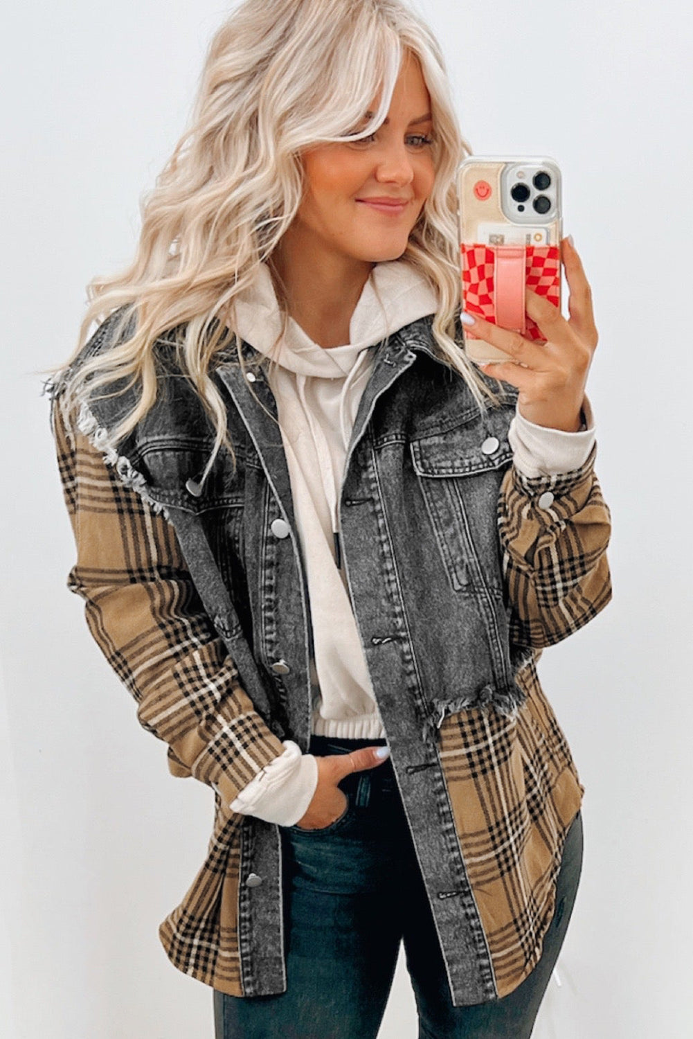 Jacket Shacket Grey Plaid Patch Flap Pocket Denim
