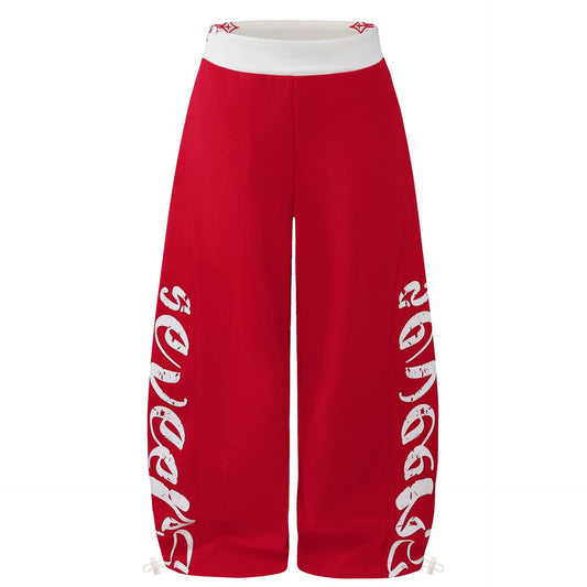 Color-Block Waistband Letter Print Wide-Leg Sweatpants