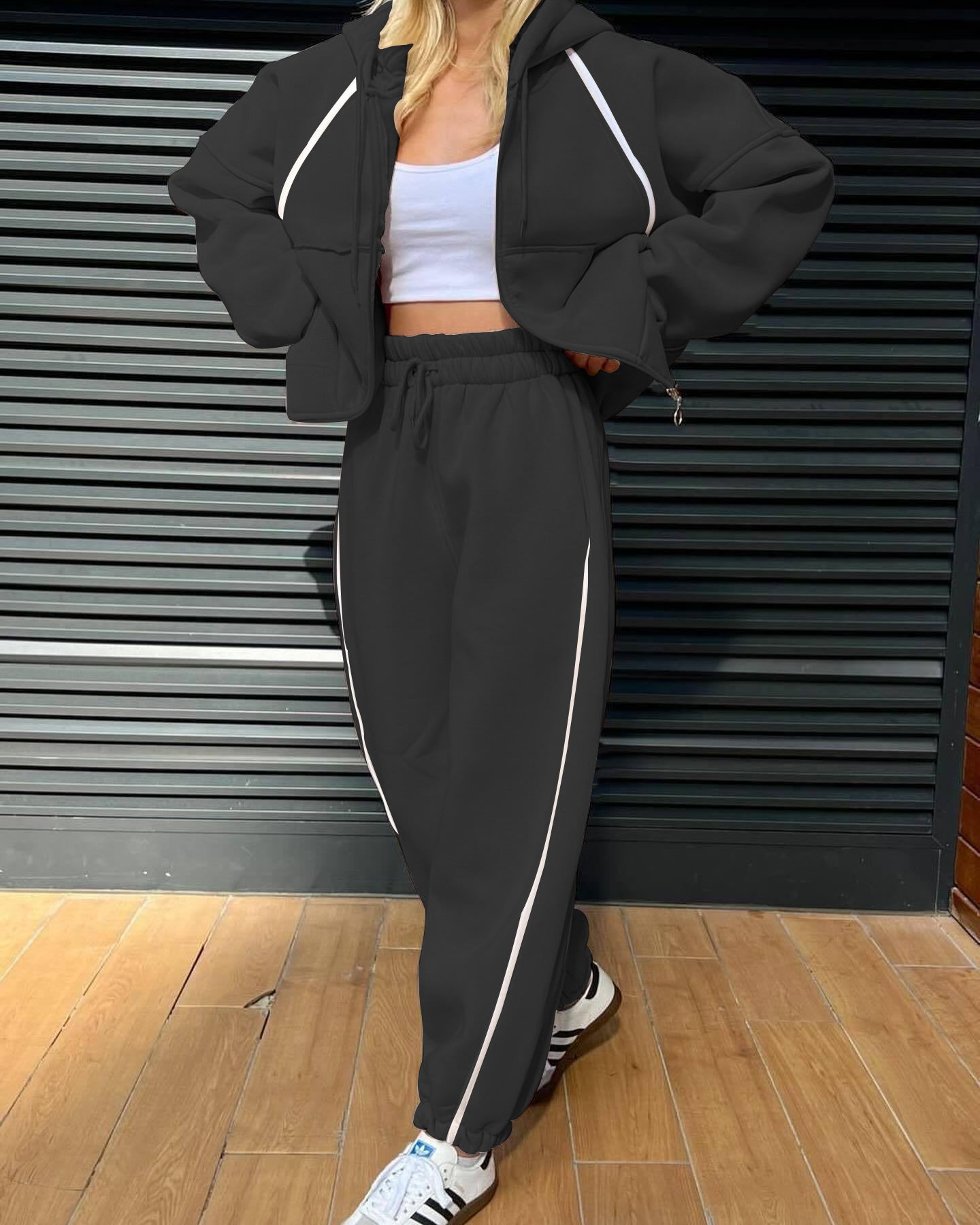 Casual Fashion Sporty Striped Hoodie Set with Matching Pants for Women