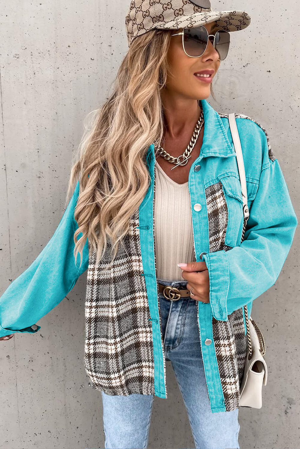 Denim Jacket Sky Blue Plaid Patchwork Pockets