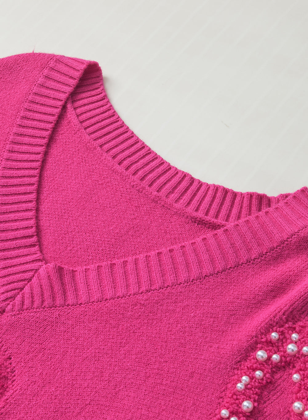 Sweater Rose Red Pearl Embellished Fuzzy Hearts V Neck