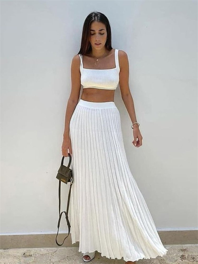 White Ribbed Knit Tank Top & Pleated Midi Skirt Two-Piece Set