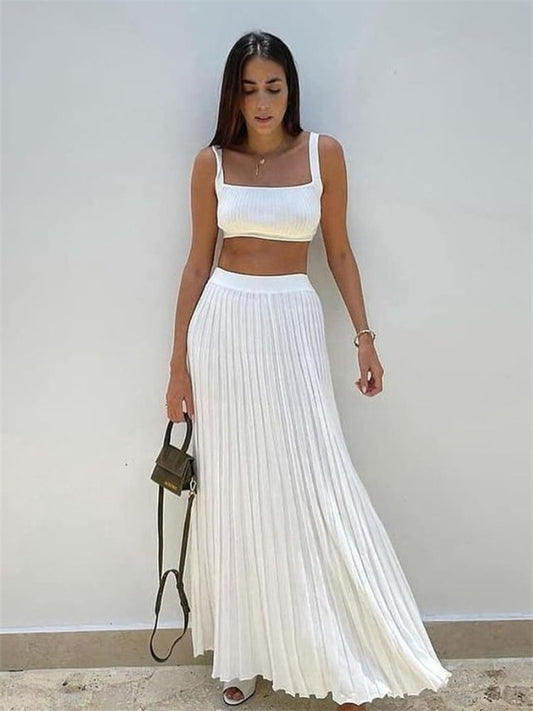 White Ribbed Knit Tank Top & Pleated Midi Skirt Two-Piece Set