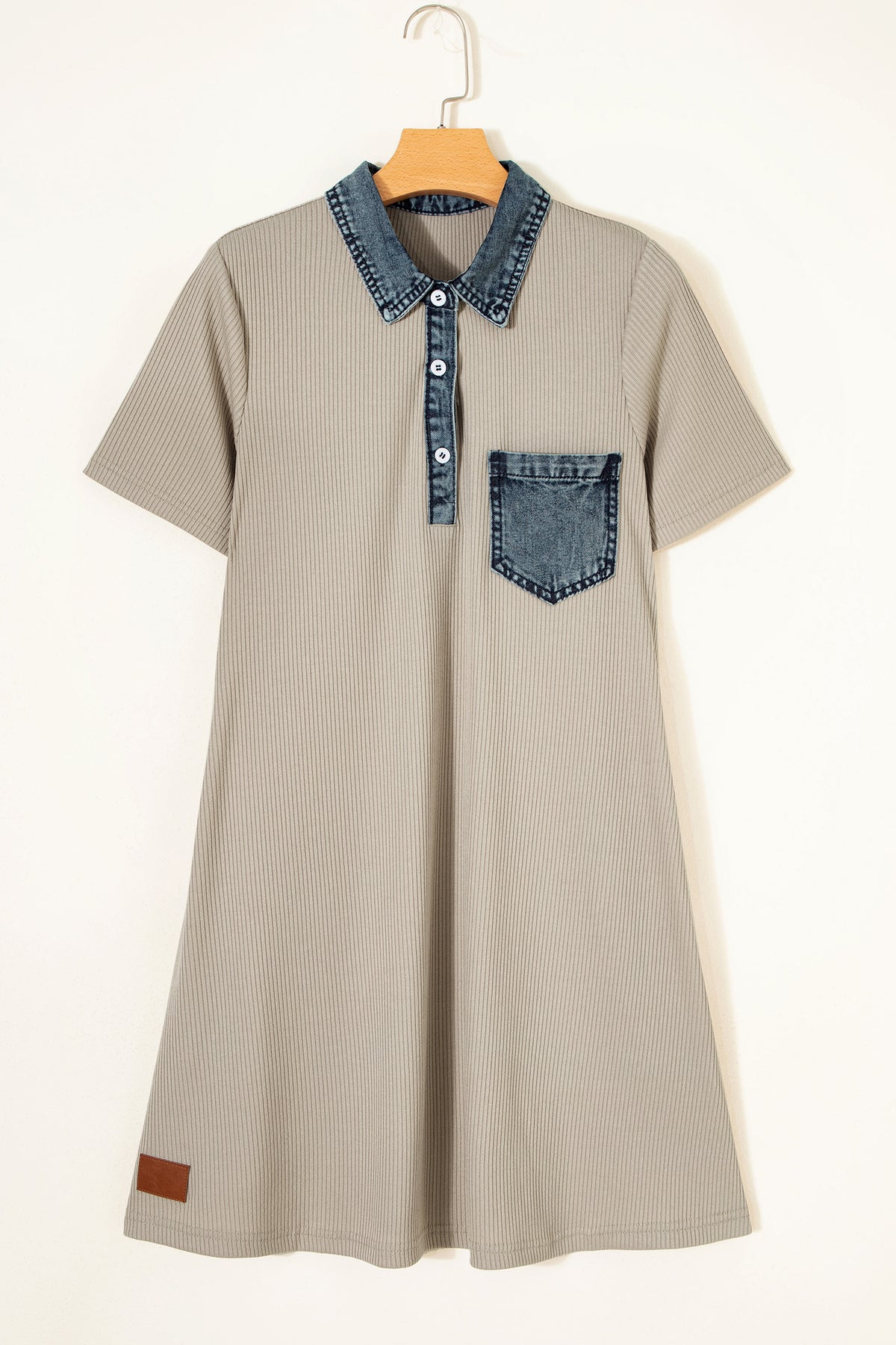 BEAU AVENUE Beige Short Sleeve Ribbed Knit Denim Polo Collar Dress