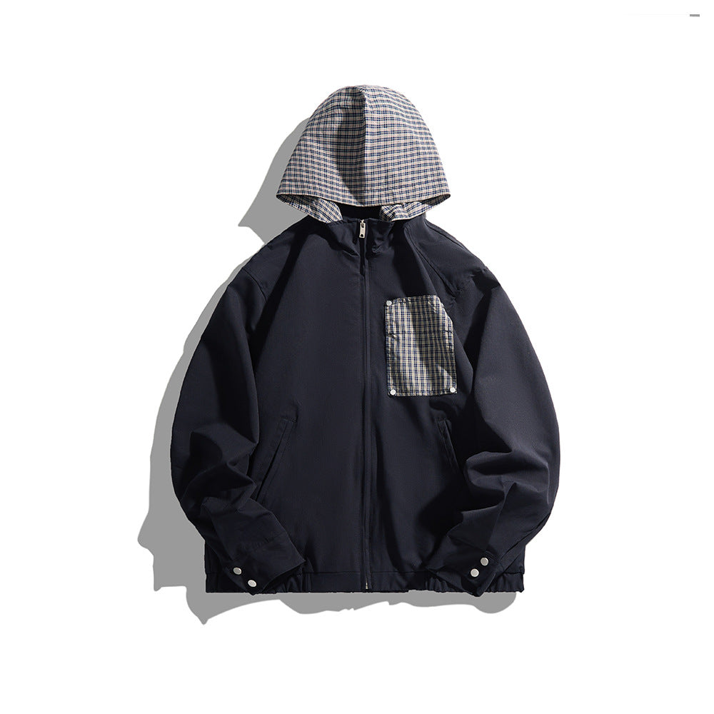 Checkered Patchwork Pocket Hooded Jacket Casual Commute Outerwear