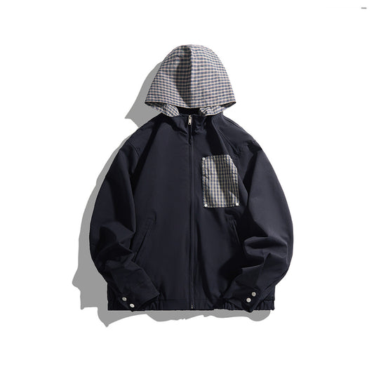 Checkered Patchwork Pocket Hooded Jacket Casual Commute Outerwear