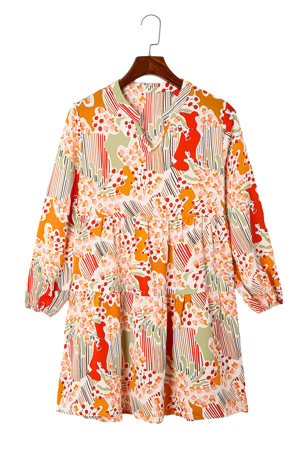 Printed Dress Multicolour Split Neck Puff Sleeve Flowy