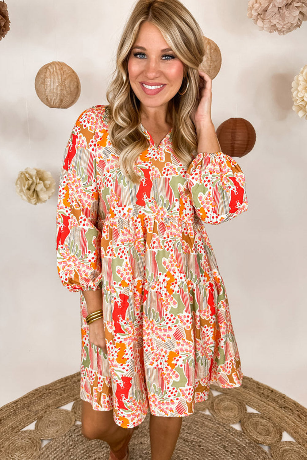 Printed Dress Multicolour Split Neck Puff Sleeve Flowy