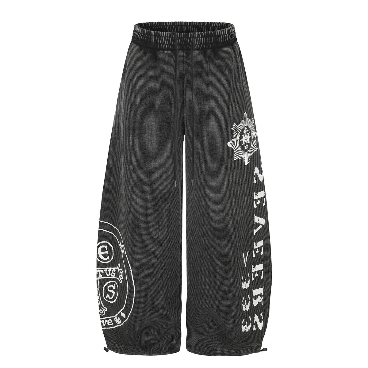 Wide Leg 
Washed Waffle Print Elastic Waist Drawstring Track Pants
