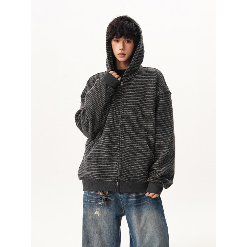 Men's  Retro Striped Zip-Up Hoodie - Loose Fit Casual Fall Winter Sweatshirt Jacket, Versatile Trendy Couple Outerwear
