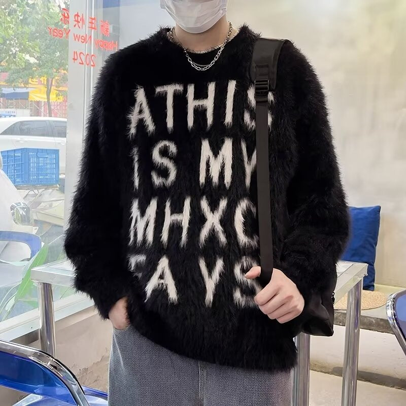 Heavyweight Letter Print Fluffy Loose Unisex Knit Sweater