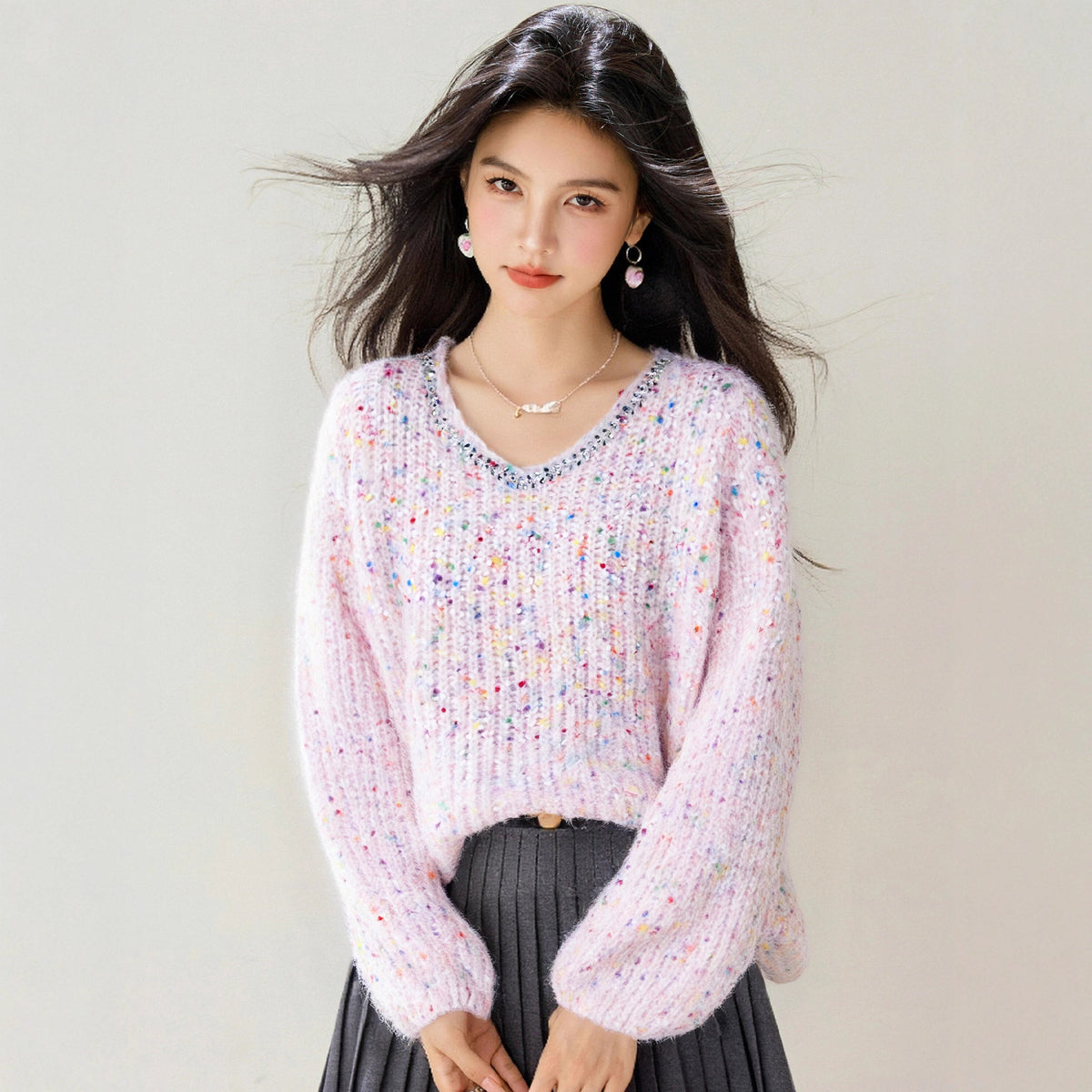 Fashion Style Type of Clothing  Lace-up Rhinestone Knit Cardigan Long Sleeve Loose Fashion Lazy Top Slim Fit Versatile