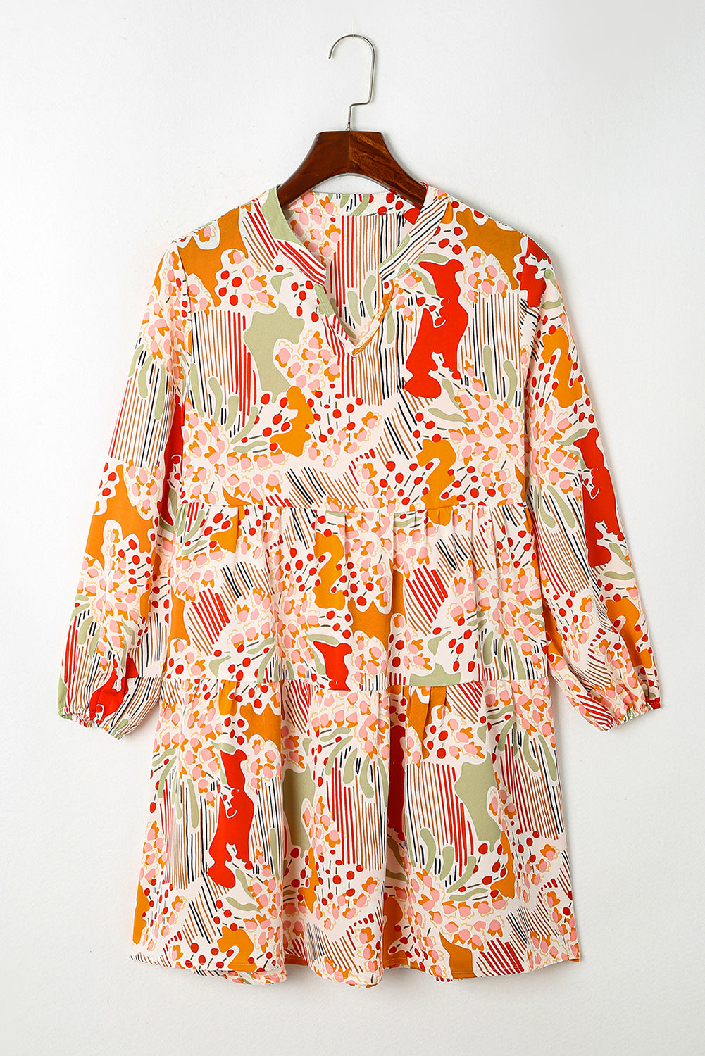 Printed Dress Multicolour Split Neck Puff Sleeve Flowy