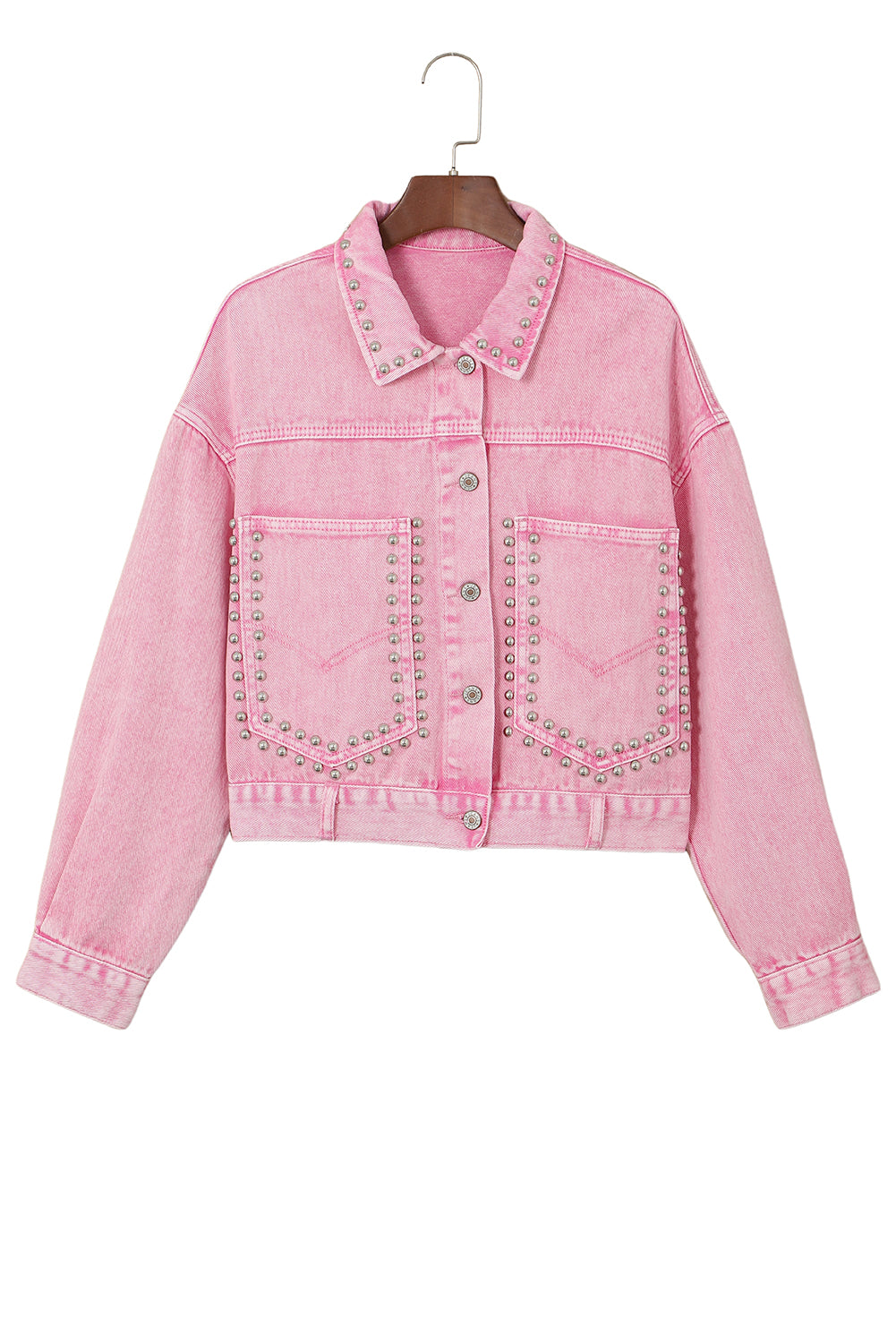 Denim Jacket Pink Rivet Studded Pocketed