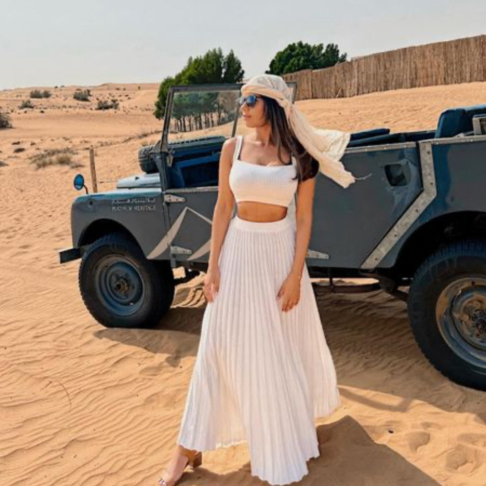 White Ribbed Knit Tank Top & Pleated Midi Skirt Two-Piece Set