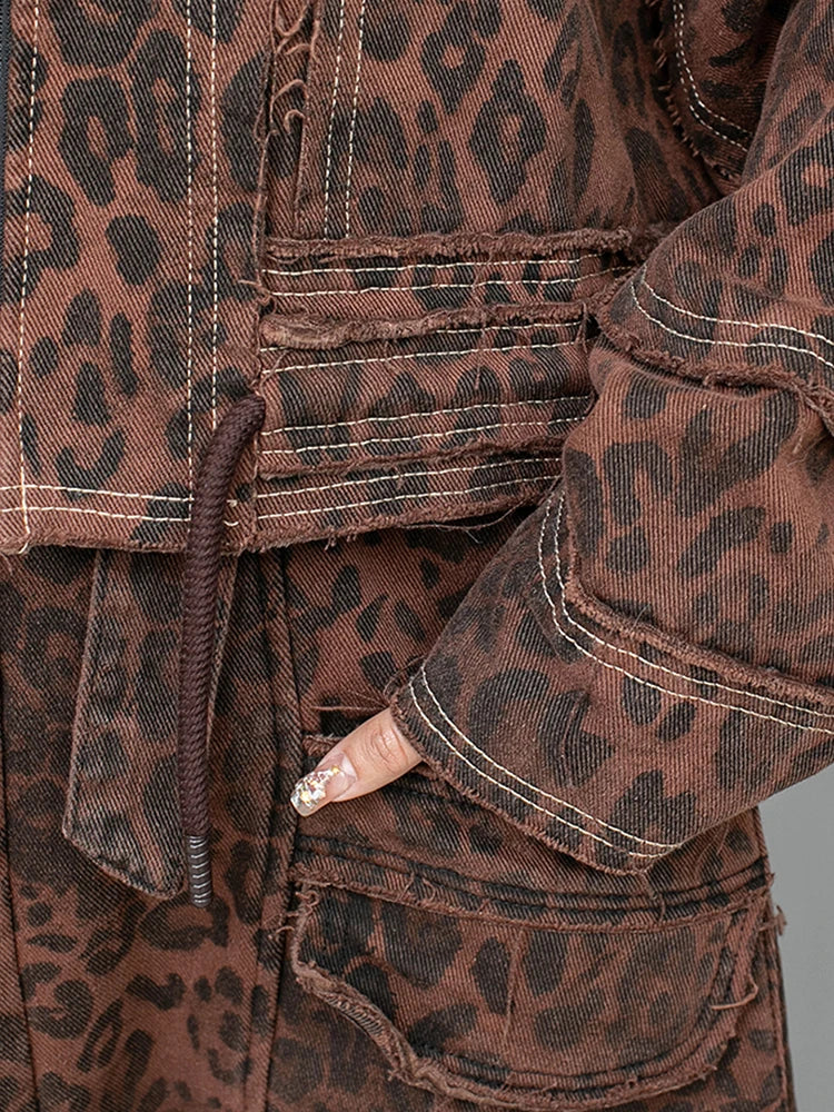 Leopard Denim Pant Sets Fashion Loose Sleeveless Women Personality Top Coat Jumpsuit Two Pieces Sets Spring New