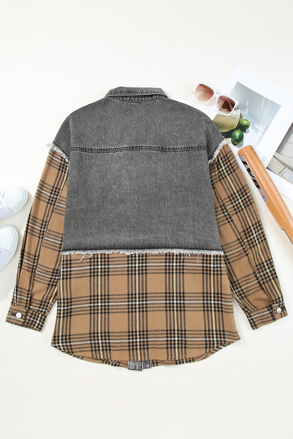 Jacket Shacket Grey Plaid Patch Flap Pocket Denim