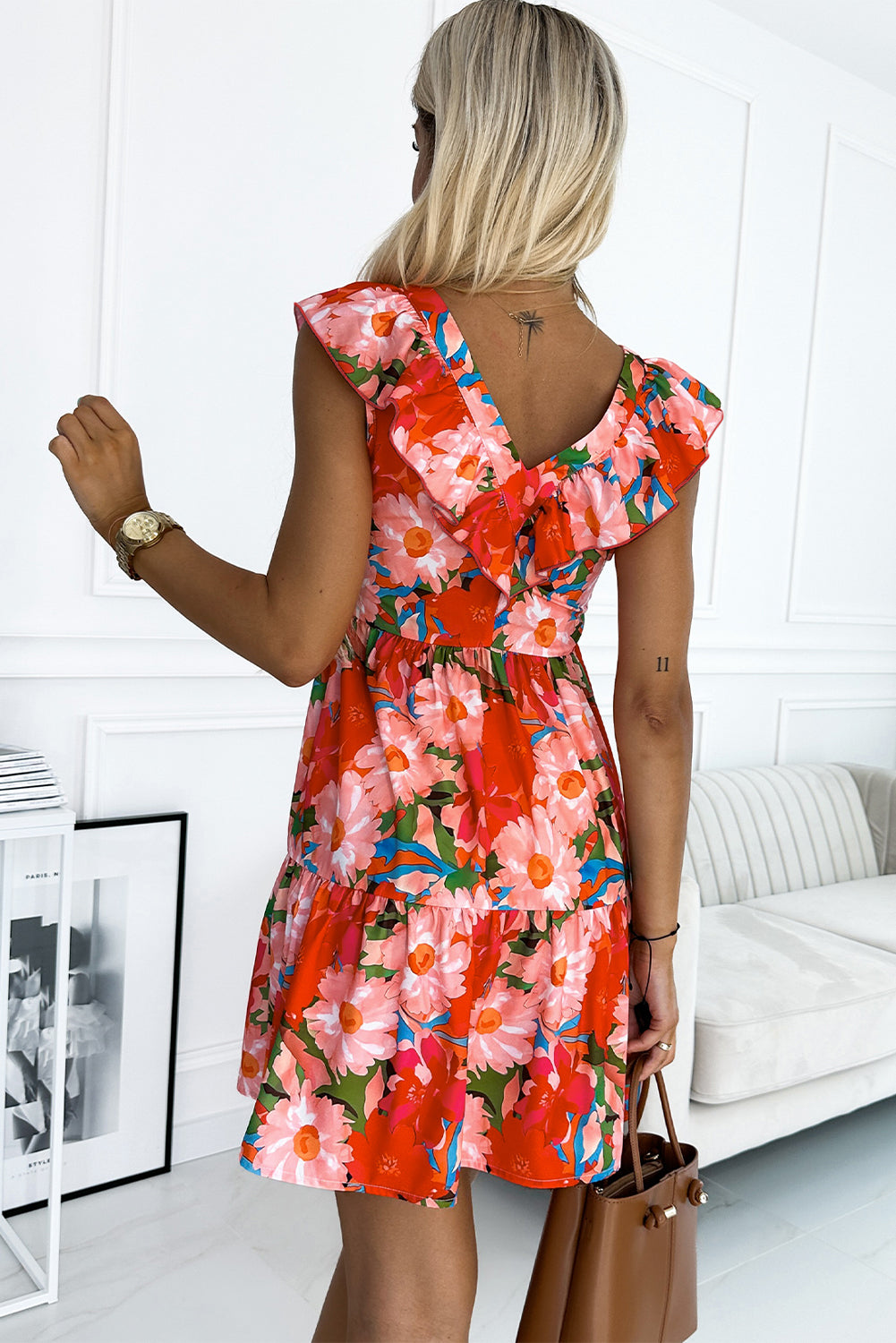 Women’s Fiery Red Floral Sleeveless V Neck Mini Dress
