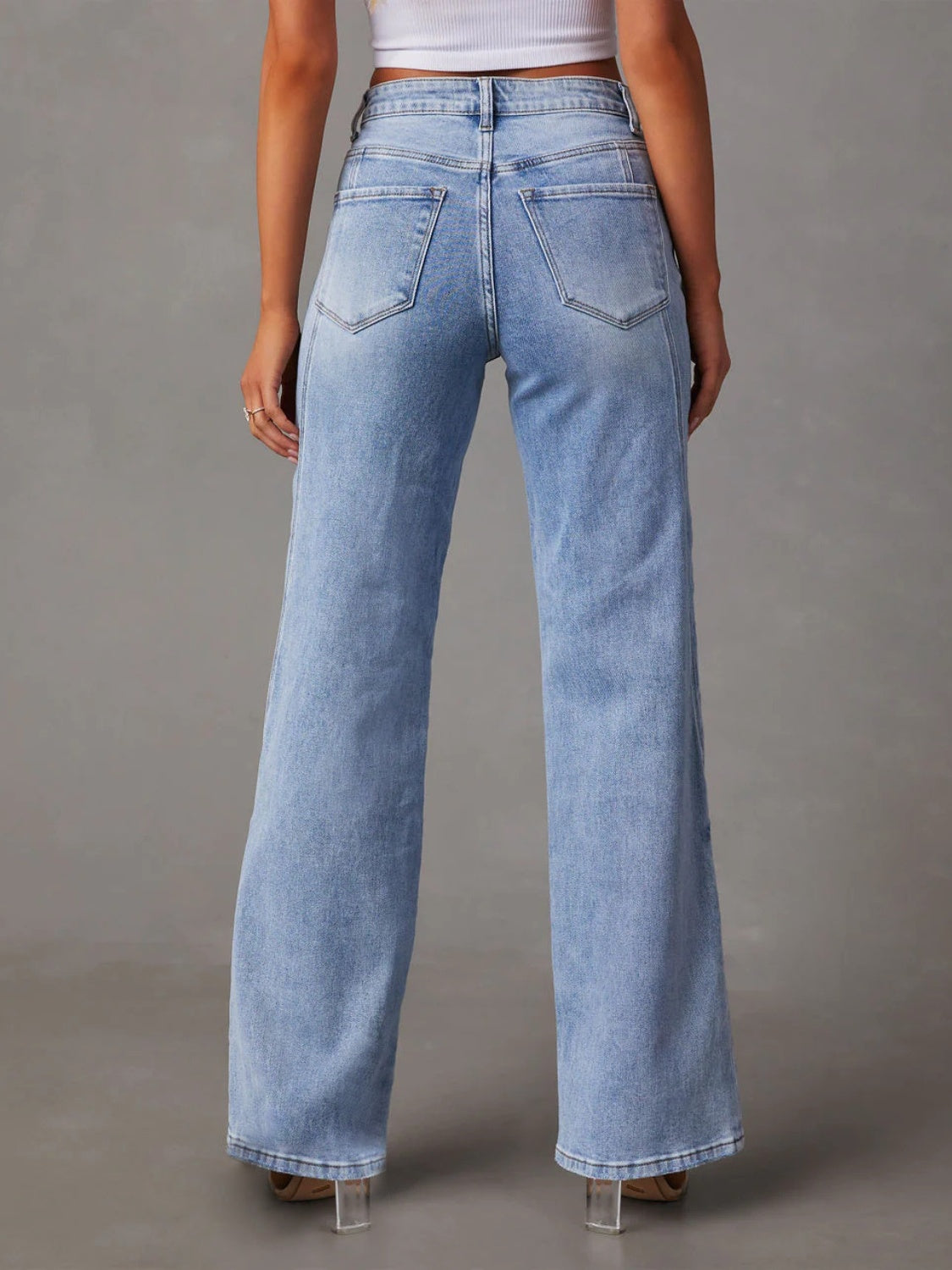 Denim High Waist Straight Jeans with Pockets