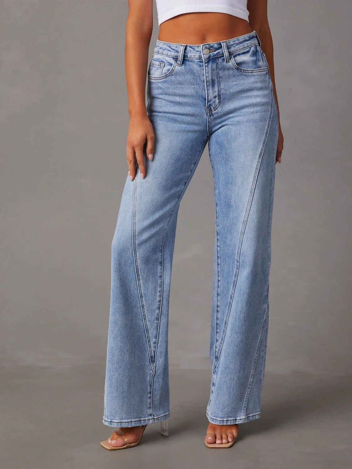 Denim High Waist Straight Jeans with Pockets