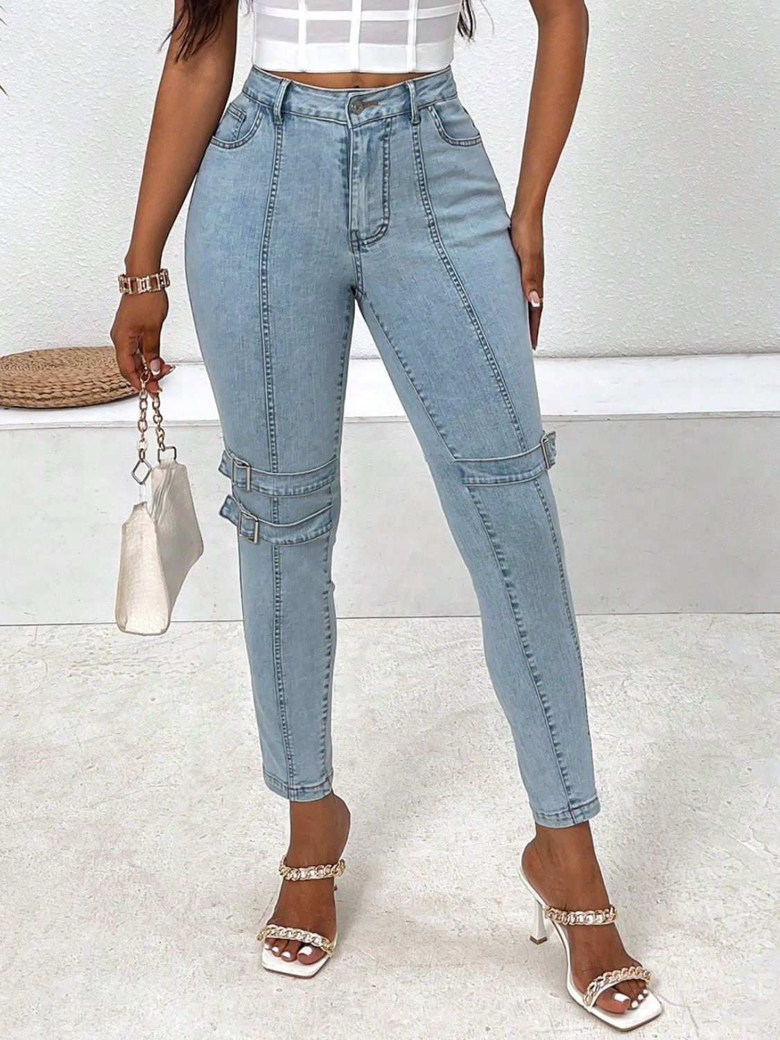 Denim Buckle Skinny Jeans with Pockets
