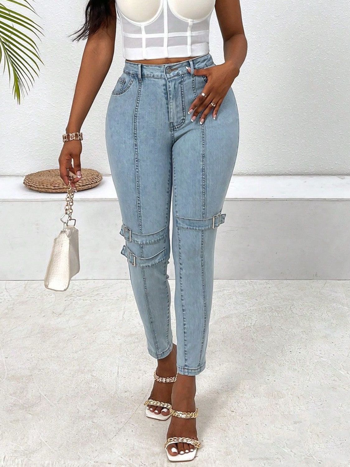 Denim Buckle Skinny Jeans with Pockets