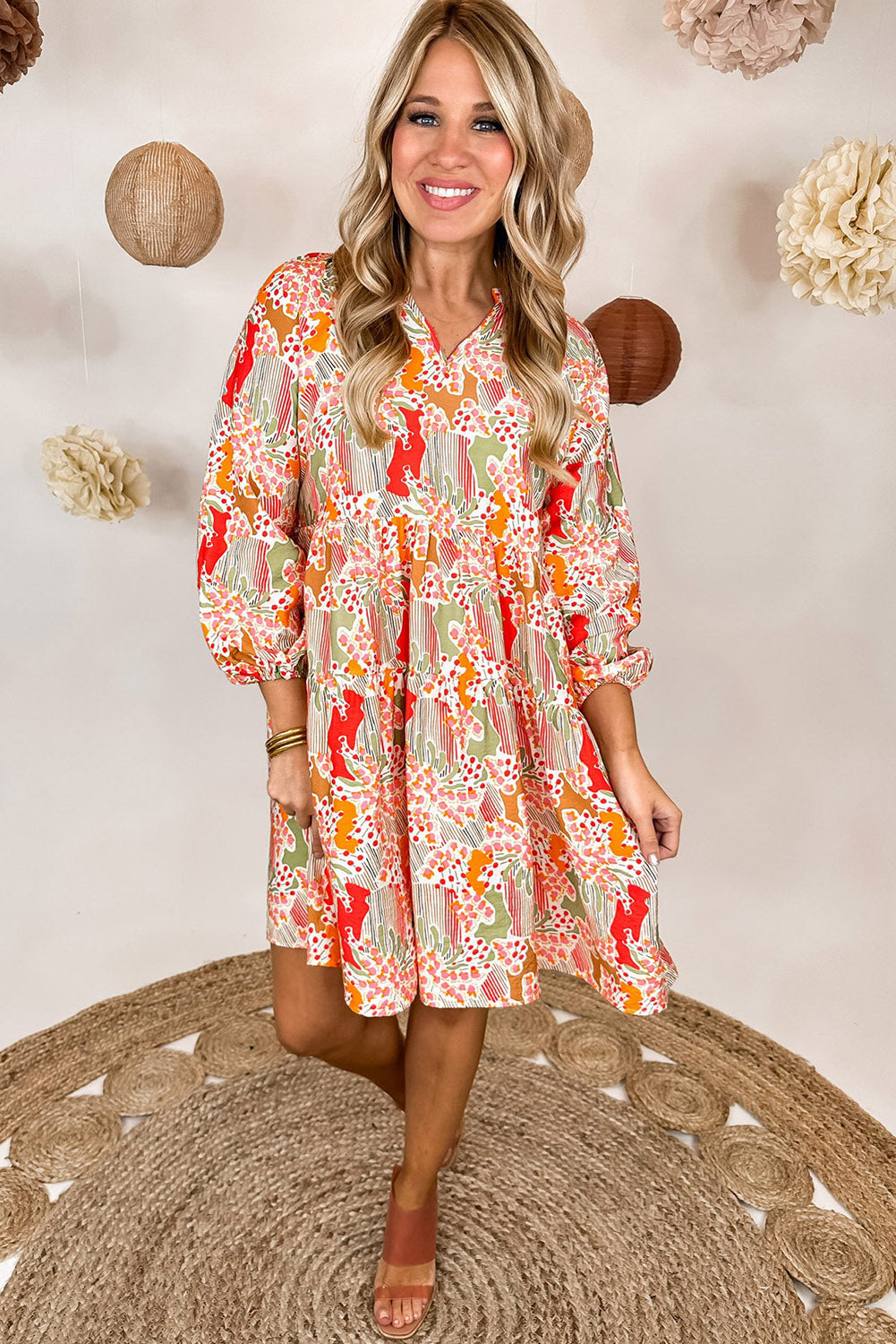 Printed Dress Multicolour Split Neck Puff Sleeve Flowy
