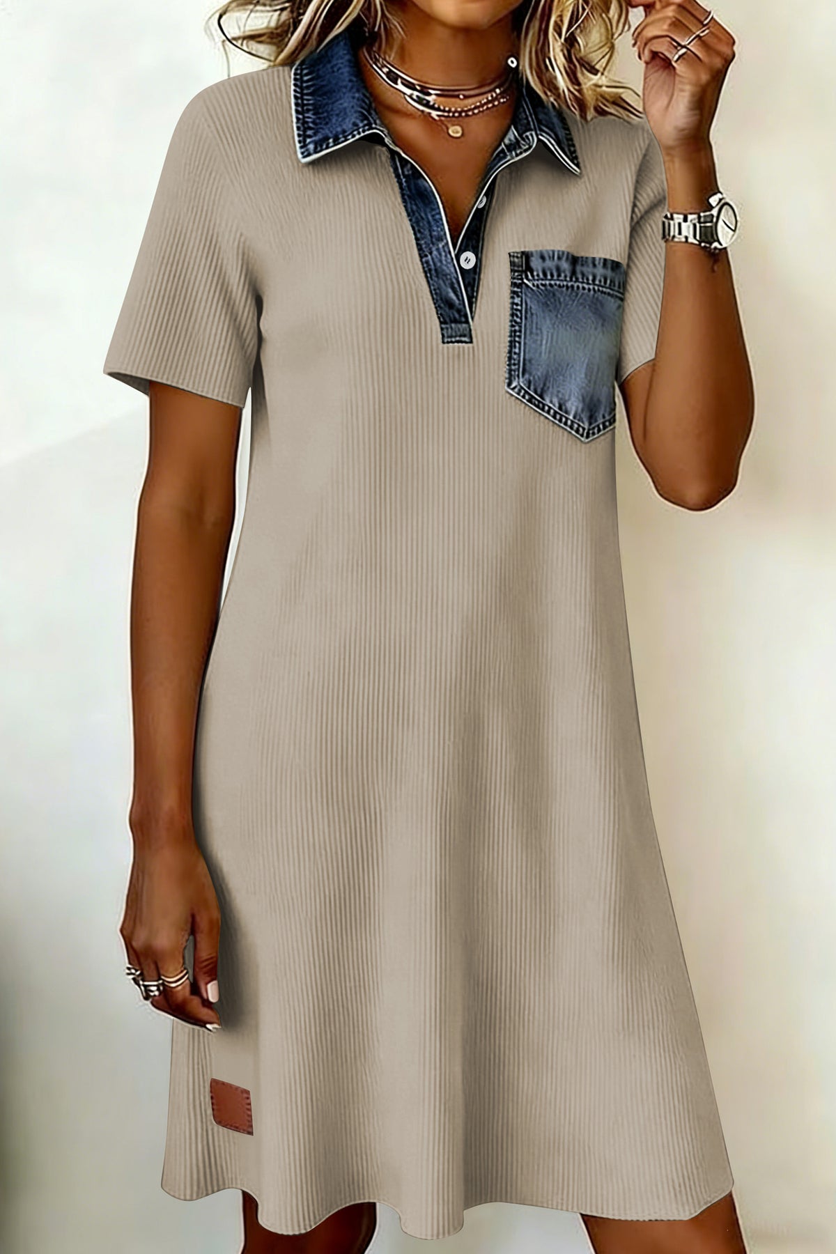 BEAU AVENUE Beige Short Sleeve Ribbed Knit Denim Polo Collar Dress