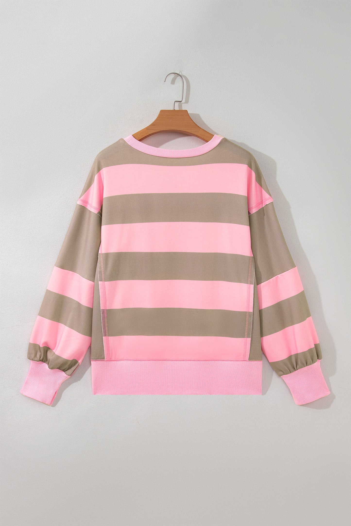 Sweatshirt Pink Stripe Striped Color block Patch Pocket Split Hem Oversized Long Sleeve