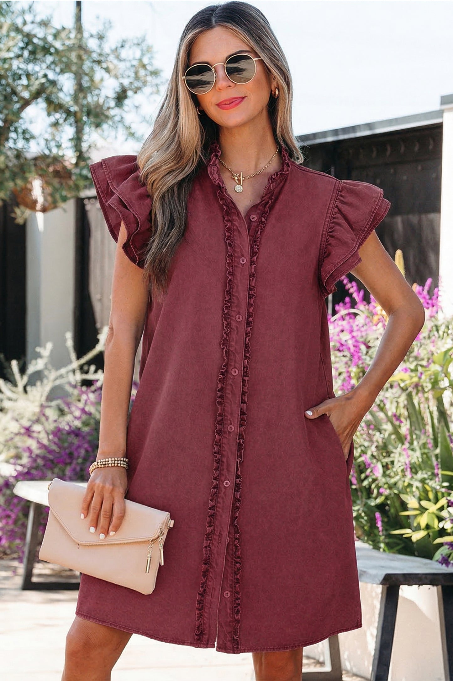 BEAU AVENUE Button Down Ruffle Short Sleeve Denim Mini Dress